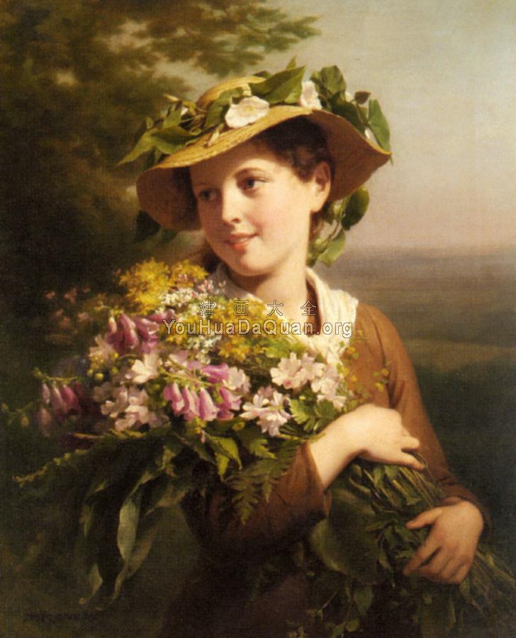 A Young Beauty holding a Bouquet of Flowers - 弗里茨·佐伯·比勒